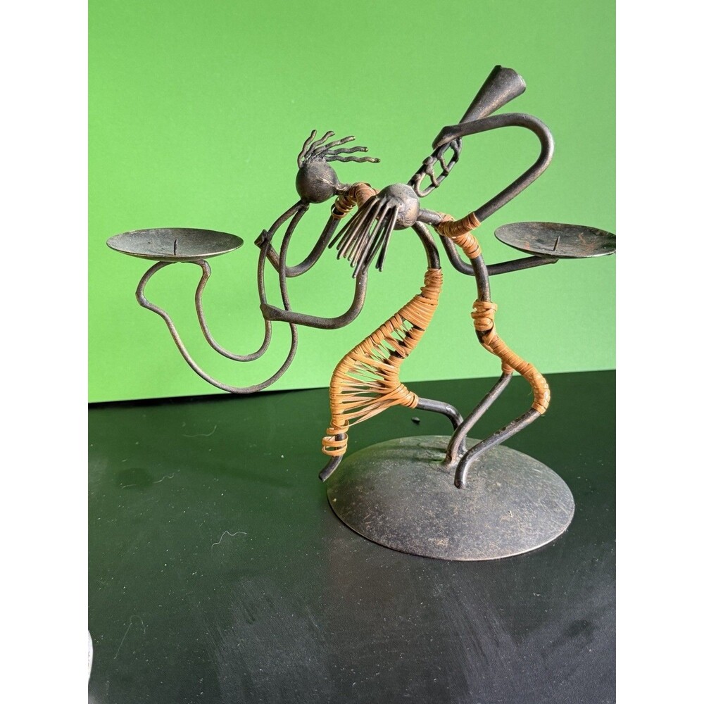 Vintage MCM Laurids Lønborg Style Metal Wire and Rattan CandleHolder